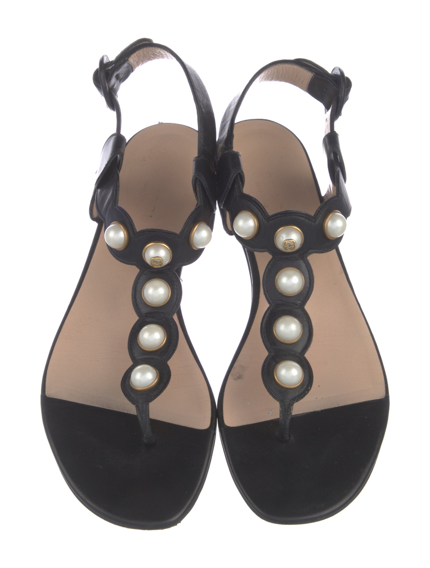 Gucci Faux Pearl Accents Leather T-Strap Sandals